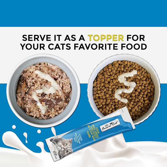 Fussie Cat Premium Tuna with Small Anchovies in Goat Milk Puree, lickable cat Treats, 0.5oz Pouch Pack of 4