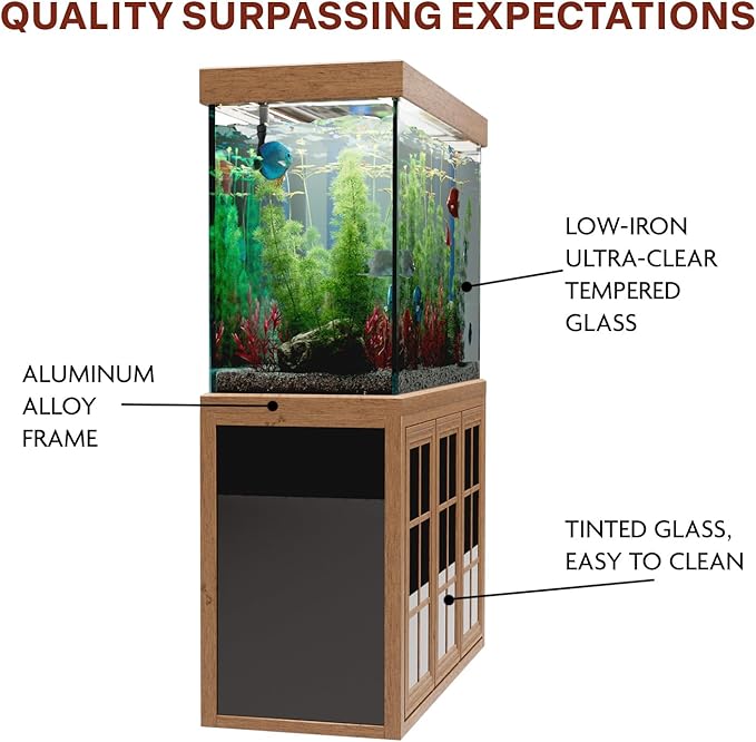 175 Gallon Glass Aquarium with Aluminum Cabinet - Including Sump for Filtration and Circulation, Plumbing, LED, Brown