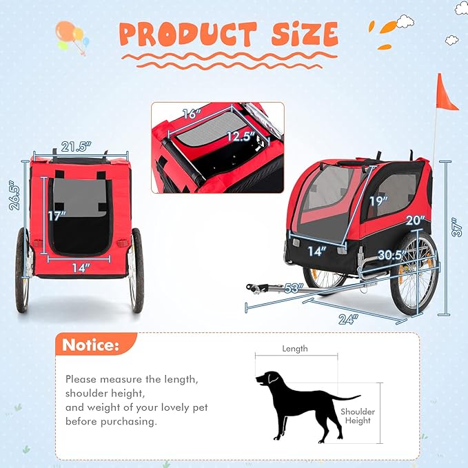 Giantex Dog Bike Trailer, Bicycle Trailer Wagon for Medium and Small Sized Dogs, 20 Inch Wheels, 3 Zippered Doors, 8 Reflectors, 1 Red Flag, Folding Dog Carrier for Bike, Hold up to 88lbs