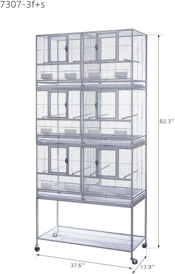 1F/2F/3F Stackable Center Divided Breeder Breeding Bird Flight Double Rolling Cage for Aviaries Canaries Cockatiels Lovebirds Finches Budgies Small Parrots. (Black Vein, 3F)