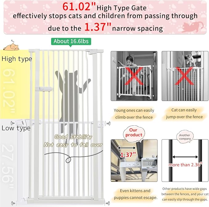 Lumizone Extra Tall Cat Gate 61.02" High Pressure Mounted Extra Wide 2025 New (17 Sizes) 1.37" Gap No Drilling Auto-Close One-Handed Operation Tall Pet Gate for Dogs(White, 61.02" H x 29.92"-59.44" W)
