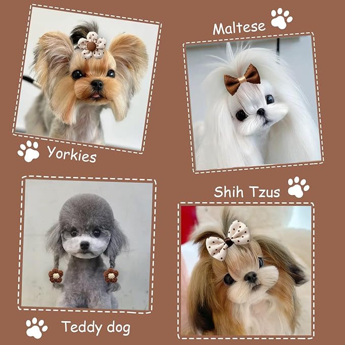 20 Pcs Small Dog Hair Bows with Rubber Bands Handmade Puppy Hair Bows Cute Grooming Flower Ball Bowknot Top Knot Dog Hair Accessories Hair Ties for Yorkie Maltese Pet (Brown)