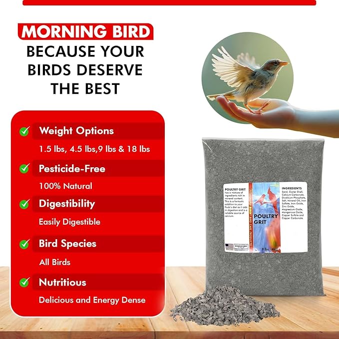 Morning Bird Poultry Grit for Birds 9 lbs - Mineral-Rich Supplement for Digestion & Calcium Support - Natural Poultry Feed Additive and Chicken Grit for Healthy Birds