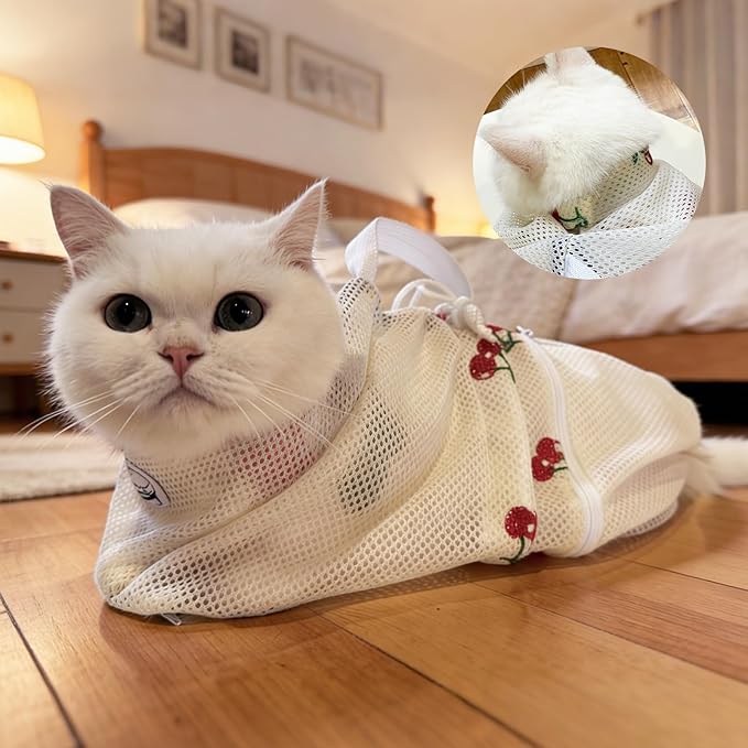Cinf Cat Bathing Bag, Breathable Mesh Anti Scratch Adjustable Cat Grooming Bag for Nail Trimming, Bathing Soft Cat Washing Bag(White&Cherry) M