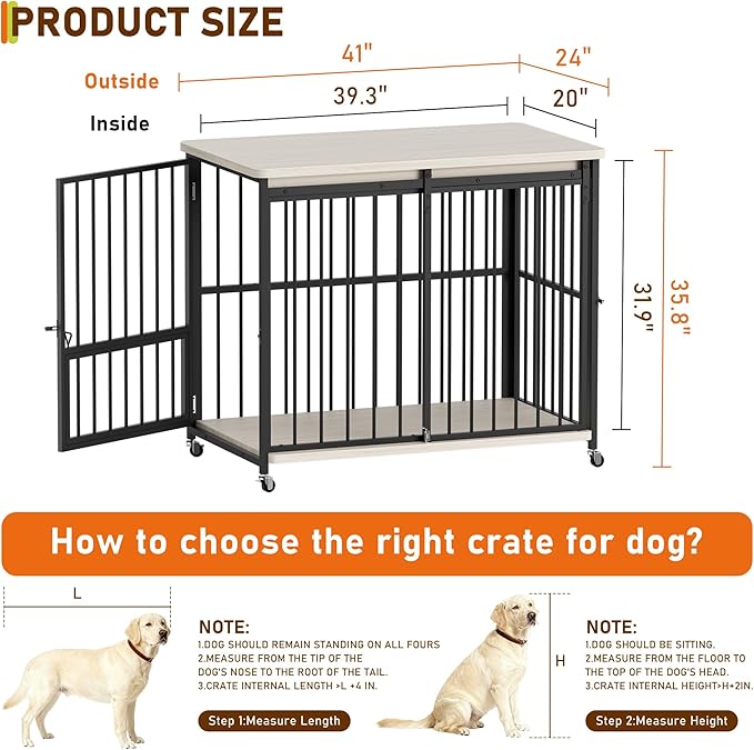 Dog Crate Furniture, 41’’ Wooden Dog Kennel Indoor with Sliding Front Door, Multi-Side Openings & Feeding Window Pet Cage House as TV Stand, End Table(Beige)