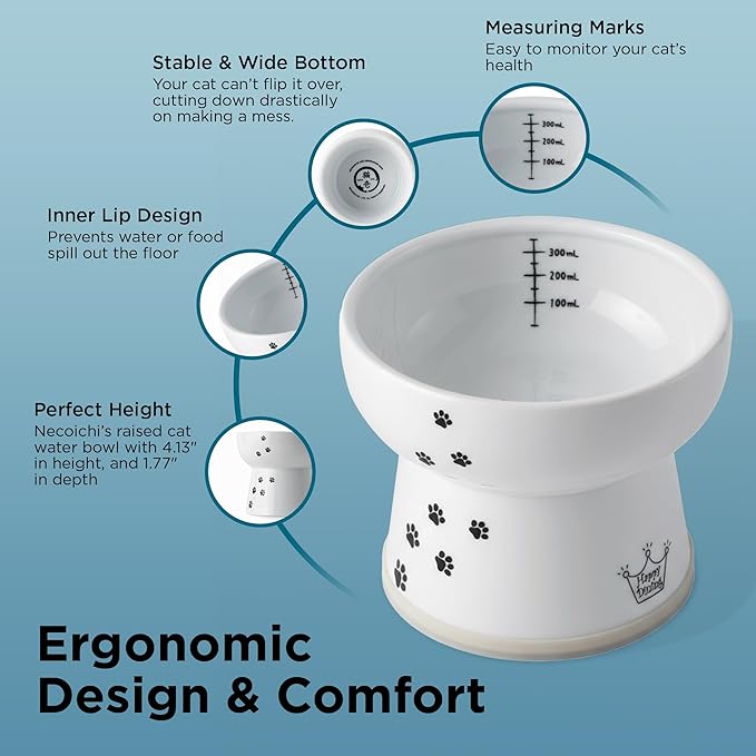 NECOICHI Raised Cat Water Bowl, Elevated, with Measurement Lines, Dishwasher and Microwave Safe (Cat, Extra Tall) White