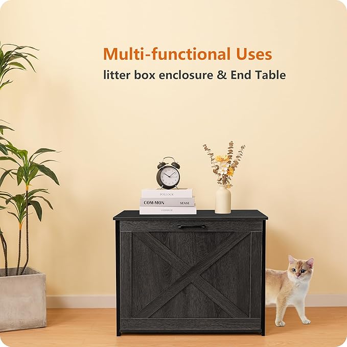 Dwanton Cat Litter Box Furniture Hidden, Cat Litter Box Enclosure, Reversible Entrance Can Be on Left or Right Side, Indoor Cabinet, Wooden Washroom, End Table, Nightstand, Dark Gray, 27.6" L
