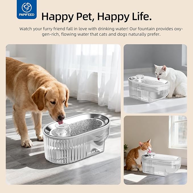 Cat Water Fountain Stainless Steel with a Silicone Mat, 84oz/2.5L Automatic Cat Water Fountain with Water Level Window and LED Light, Quiet Low Power Cat Water Bowl & Cat Water Dispenser(White)