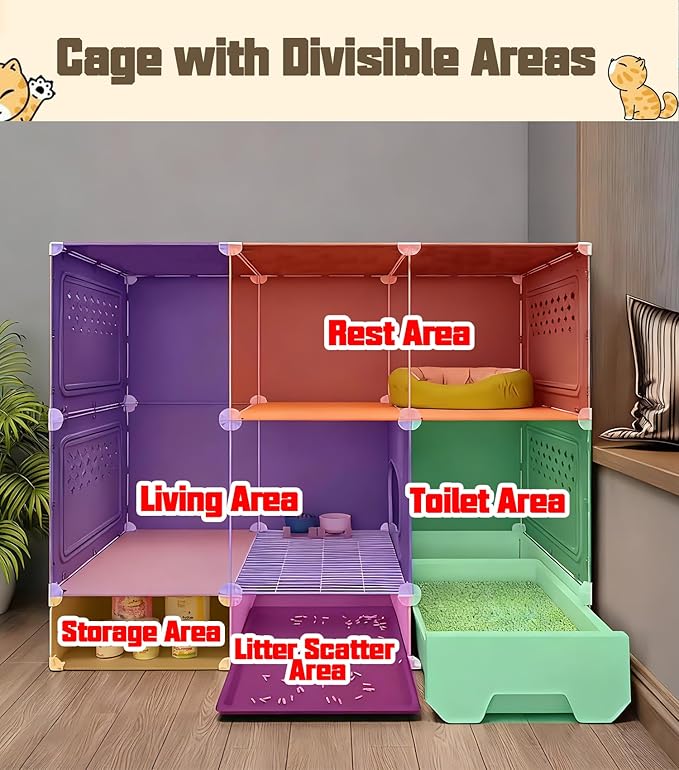 Cat Cage Cat Enclosure with Litter Box & Clear Sliding Door, Expandable Cat Playpen, Detachable Metal, Cat Cage Indoor and Outdoor, Ferret Cage, Rabbit Cage (Two Layers with Storage Space)