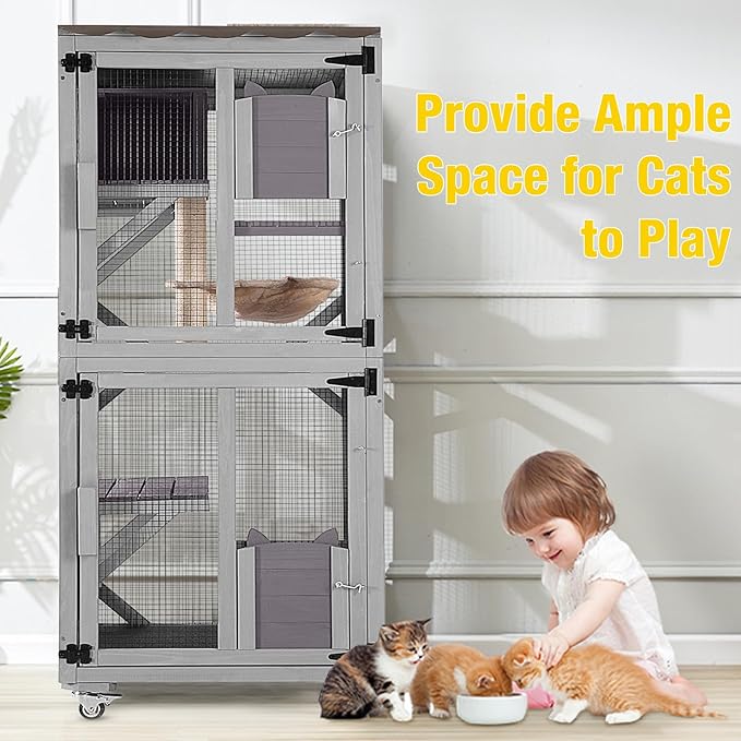Aivituvin Catio Outdoor Cat Enclosure Wooden Cat Cage with Window Access Large Kitty House on Wheels 62.4’’ Indoor Patio