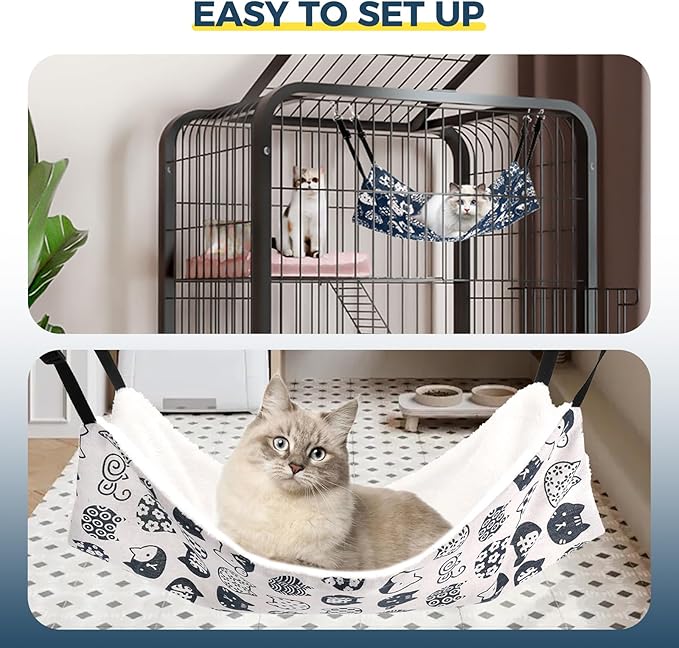 Cat Hammock for Cage Hanging Reversible 2Pack,Pet Hammock Bed Adjustable,Soft Sleeping Hammock for Cats,Ferret,Puppy,Rabbits,Small Animals (L, CAT)