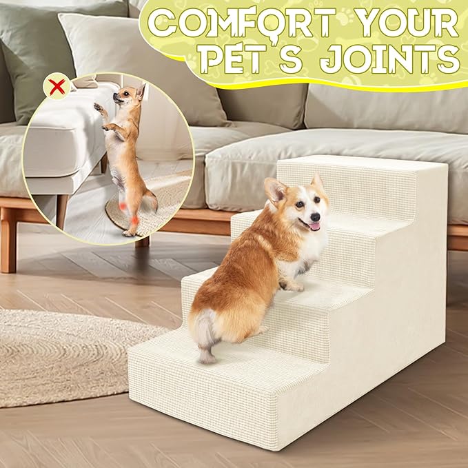 Niubya Dog Stairs for Small Dogs and Cats,18'H Non-Slip Bottom Pet Steps for High Beds and Couch,High-Density Foam Pet Stairs White,4 Steps