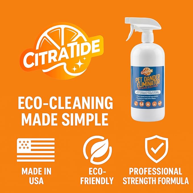 Dander Eliminator Spray – Plant-Based Pet Allergy & Dander Remover – Breaks Down Pet Dander, Dust Mites & Odors Naturally – Safe for Bedding, Furniture & Carpets – USA Made 32oz