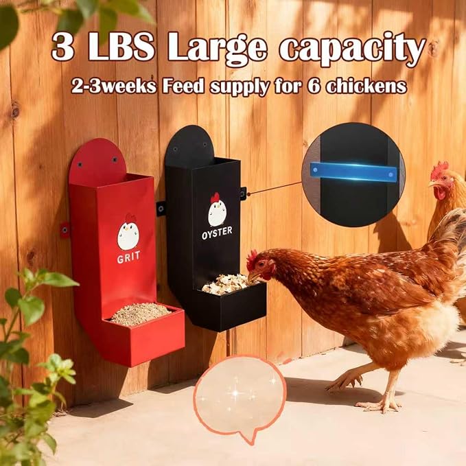 Chicken Grit and Oyster Shell Feeder Combo, Heavy Duty Metal Automatic Chicken Feeders，Stable Chicken Feeder - Anti-Tip Rod Included, Chicken Coop Accessories Built for Busy Keepers