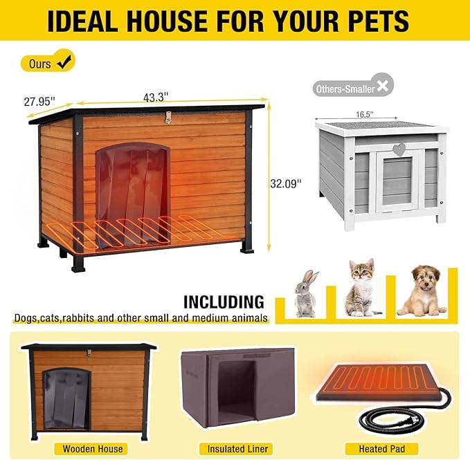 Aivituvin Dog House Outdoor Heated Dog Kennel with Insulated Liner All-Around Iron Frame Large Dog Cage for Small & Medium & Large Dogs,Waterproof
