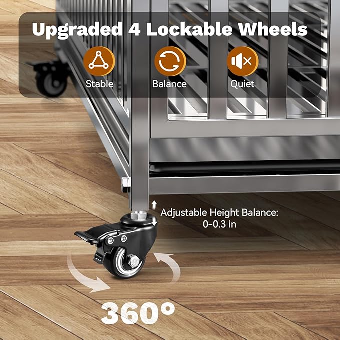 48" Heavy Duty Dog Crate, Escape Proof XL Stainless Steel Dog Kennel with Top Opening, 4 Lockable Wheels, Easy Clean Metal Dog Cage for Large/High Anxiety Dogs