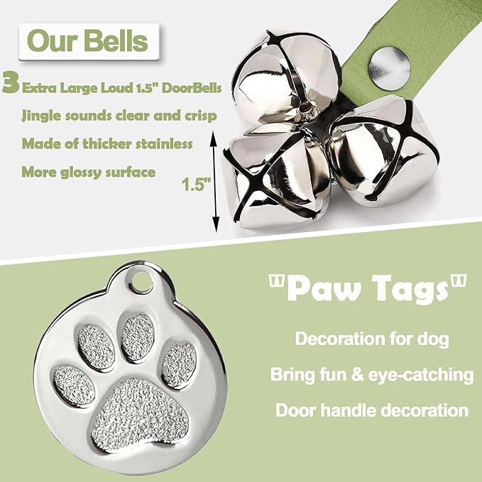 Leather Dog Bells, Puppy Potty Training Bell Dog Doorbell Potty Train Dog Bell for Potty Training Door Bells for Dogs to Ring to Go Outside Jingle Bells (Leather Green, Round Paw 1 PCS)