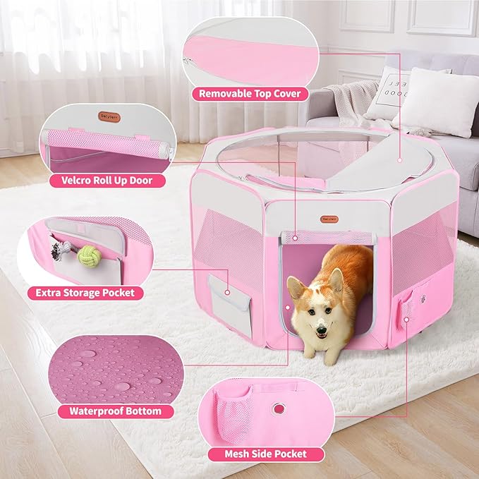 Dog Playpen, Portable Pet Play Pen Foldable Carrying Case, Puppy Pens Outsid for Small Cat Indoor/Outdoor, Removable Mesh Shade Cover