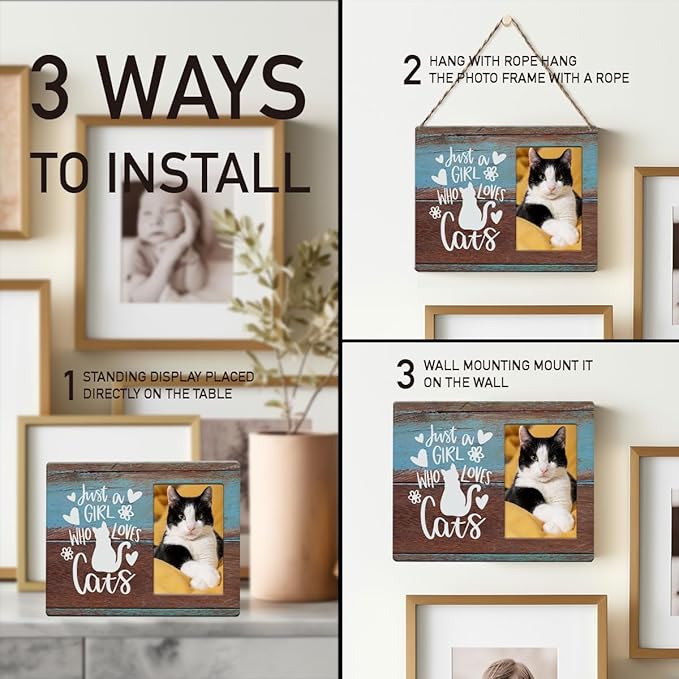IAXIC Cat Mom Photo Frame Gifts for Cat Lovers Rustic Wooden Picture Frame Birthday Christmas Friendship Presents for Women Bestie Niece BFF Daughter Sister