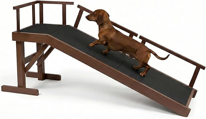 61" Dog Ramp for Bed,Birchwood Pet Ramp with Removable Side Rail and Non-Slip Surface, Pet Ramp for Small & Large Dogs with Rest Platform and DIY Glow Strips,Dog Stairs for Couch, Brown