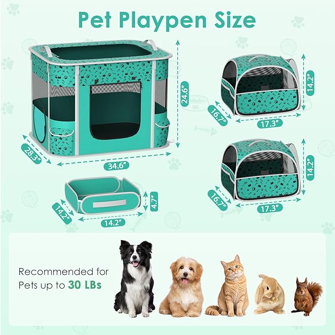 Cat Playpen - Portable Dog Playpen with Litter Box, Foldable Soft Dog Crate for Indoor/Outdoor, Pop Up Cat Enclosure, Collapsible Puppy Kitten Rabbit Cage Tent，3-Room