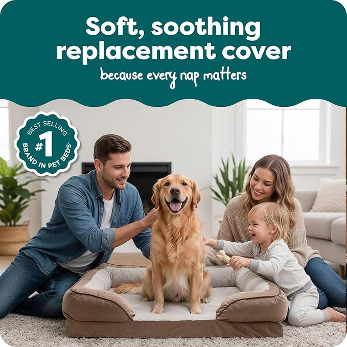 FurHaven Dog Bed Cover Replacement, Sofa-Style Design with Soft, Breathable Fabric for Cozy Comfort, Machine Washable, Jumbo XL, Plush & Velvet Waves, Brownstone