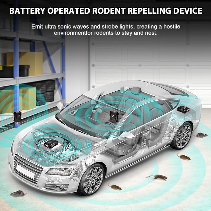 Ultrasonic Rodent Repellent for Car Engine - Battery Powered Under Hood Animal Repeller with Flashing Strobe Light, Keeps Rats and Mice Away from Vehicle, Automobile, Truck, Garage, Attic, Pack of 2
