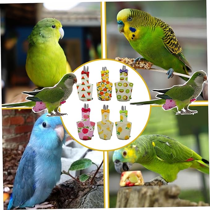 6PCS Washable Reusable Bird Diapers with Waterproof Lining & Adjustable Straps – Soft Parrot Diaper Clothes Costume Set for for Parakeets, for Budgies, for Mini Macaws (L)