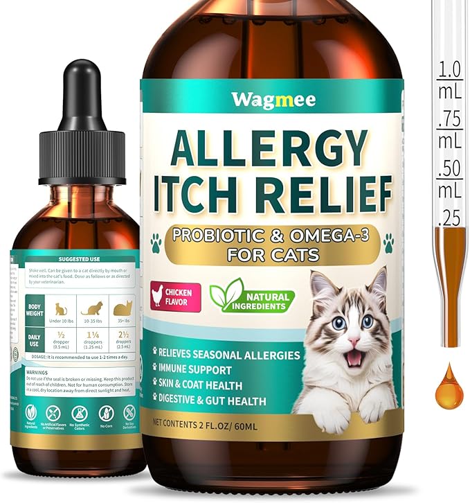 Natural Allergy Relief for Cats, Cat Itchy Skin Allergy Relief - Omega 3 & Probiotic for Allergies Cats, Cat Itch Relief - Skin & Coat Health, Immune Support, Seasonal Allergies - Chicken Flavor
