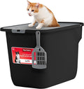 IRIS USA Large Cat Litter Box Top Entry with Lid, Enclosed Litter Box with Litter Catching Lid & Scoop, Covered Cat Litter Box Enclosure for Privacy, High Sided, Black/Gray