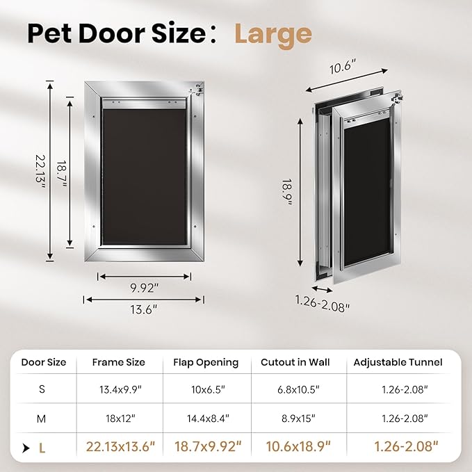 All Aluminum Dog Door with 2 Magnetic Flaps & 1 Replacement Flap, Heavy Duty Large Doggy Door for Exterior Doors, Doggie Door wtih 2 Closing Panels, Dual Aluminum Locks, for Pets Up to 110 Lb