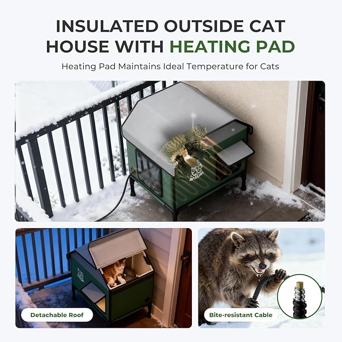 Apasiri Heated Outdoor Cat House for Winter: Insulated with Heating Pad, Indestructible Weatherproof Winter Shelter, Elevated Support to Keep Interior Dry for Stray Cats, Medium