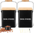 Tioncy 2 Pcs Metal Dog Food Storage Containers Total 10-14 Lbs (50 Cup) Capacity, Airtight Pet Food Canister with Bamboo Lids Scoop DIY Labels Dog Treat Storage Jars for Kitchen Counter(Matte Black)