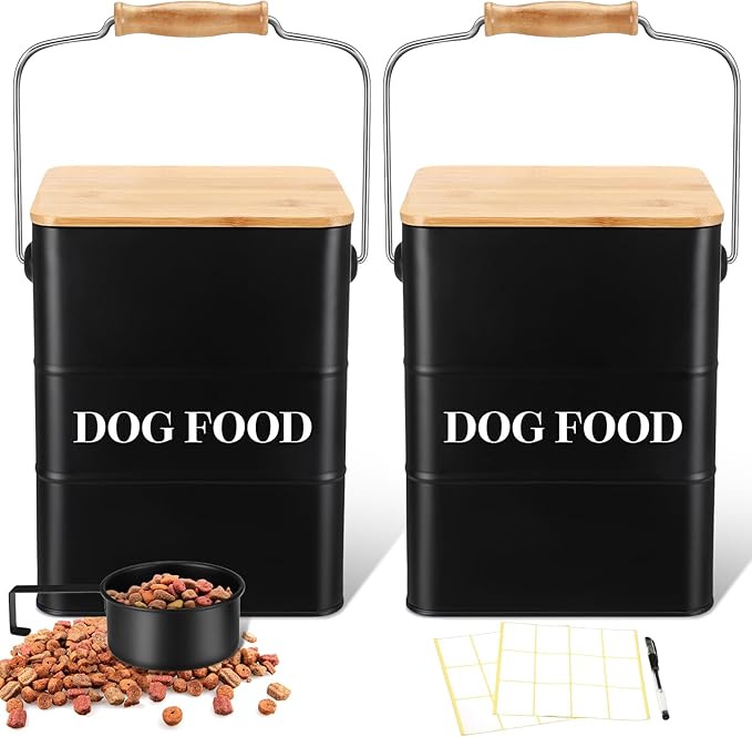 Tioncy 2 Pcs Metal Dog Food Storage Containers Total 10-14 Lbs (50 Cup) Capacity, Airtight Pet Food Canister with Bamboo Lids Scoop DIY Labels Dog Treat Storage Jars for Kitchen Counter(Matte Black)