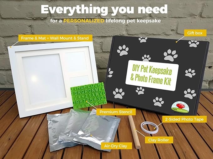 Ultimate Dog or Cat Paw Print Keepsake Kit & Picture Frame - Premium Wooden Photo Frame, Clay Mold for Pet Pawprint & Bonus Stencil. Makes a Personalized Gift for Pet Lovers and Memorials (White)