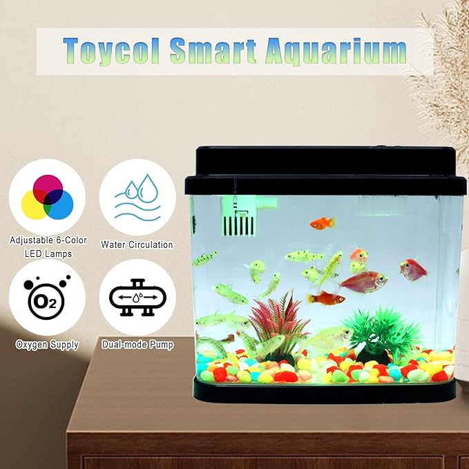Mini Aquarium Fish Tank,1 Gallon Fish Bowl with Adjustable 6-Color LED Lamps,Filtration,Oxygenation,Water Circulation 3 in 1 Pump,DIY Ocean Stickers, Excellent Gifts for Children and Adults