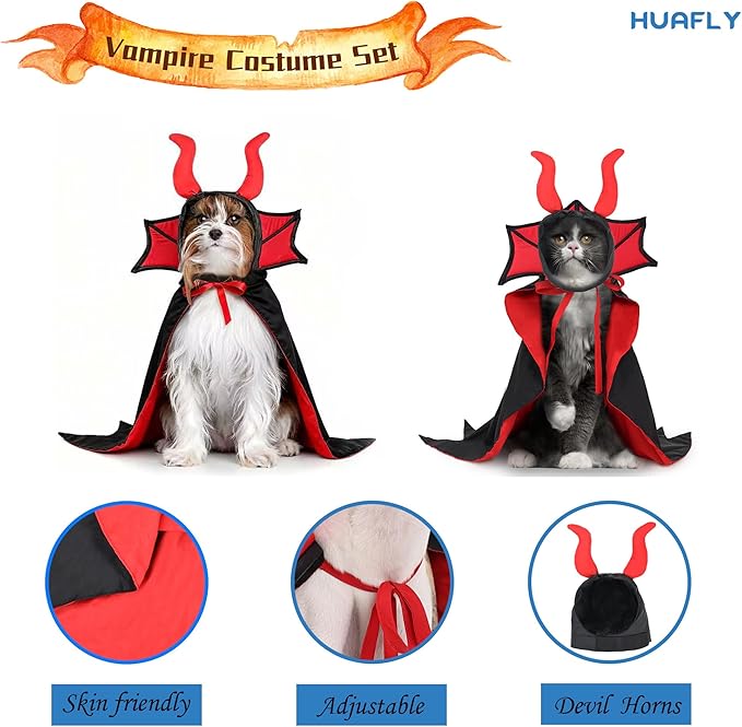 Huafly Cat Costume,Dog Halloween Costumes, Adjustable Vampire Costume with Devil Horns, Comfortable Halloween Costumes for Dogs Cats
