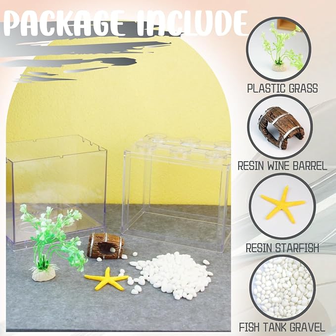 Small Betta Fish Tank, Stackable Mini Fish Tank Tiny Aquarium Tank Kit with Aquarium Gravel & Resin Decorations, 0.6 Gallon Cube Desktop Fishbowl for Snails, Crabs, Starfish (Clear)