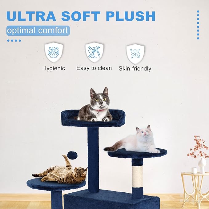 FDW | 54" Cat Tree Tower | Navy Blue | Multi-Level Indoor Activity Center with Sisal Scratching Posts, Condos, Plush Perches, Hanging Cat Toys | Sturdy, Easy to Assemble | for Kittens & Adult Cats