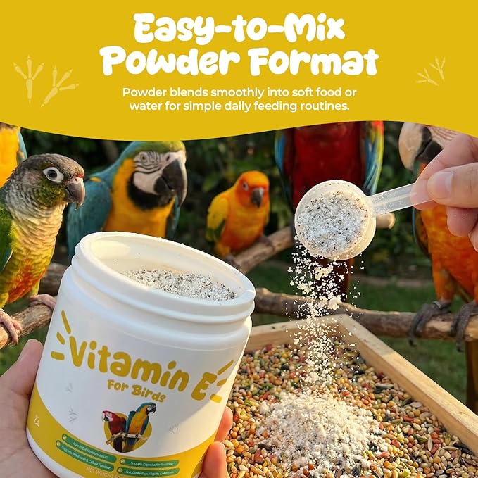 Vitamin E Supplement for Birds – Powder Vitamin E Supports Feather Condition & Cellular Function, Daily Nutrition Support