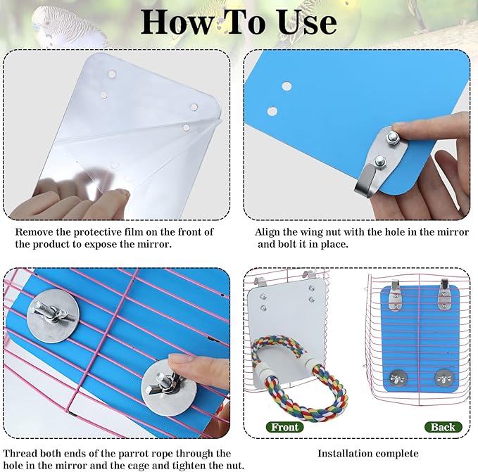 Bird Mirror for Cage with Parrot Rope Perches for Parakeet/Budgerigar/Lovebird/Canaries Stand