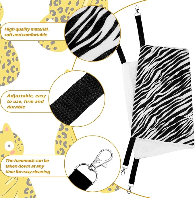 Jetec 2 Pack Cat Hammock for Cage, Catio Accessories Reversible Soft Cats Bed with Adjustable Straps and Hooks Double-Sided Linen and Fleece Hanging Hammock for Cats, Kitten(Zebra, Tiger Stripes,L)