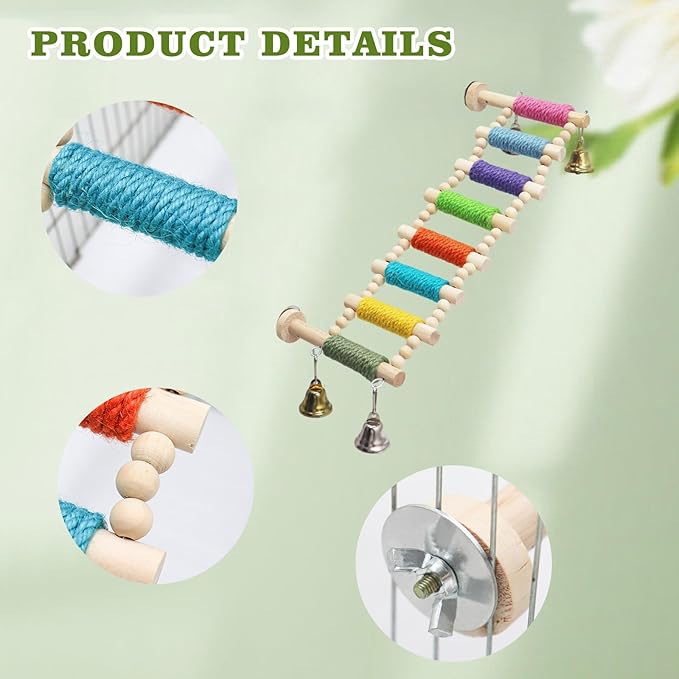 Bird Cage Accessories, Wooden Bridge with Colorful Rope on Steps, Bird Climbing Ladder Perch for Budgies, Cockatiels, Lovebirds, Quakers, Green Cheeks, Other Small to Medium Birds