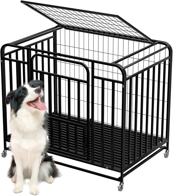 43.3×29.5×35.4 in Heavy Duty Dog Crate, Alloy Steel Material Dog Kennel, with 3 Doors 4 Lockable Wheels 1 Removable Trays, Dog Cage Kennel for Small to Medium Dogs (43 in)