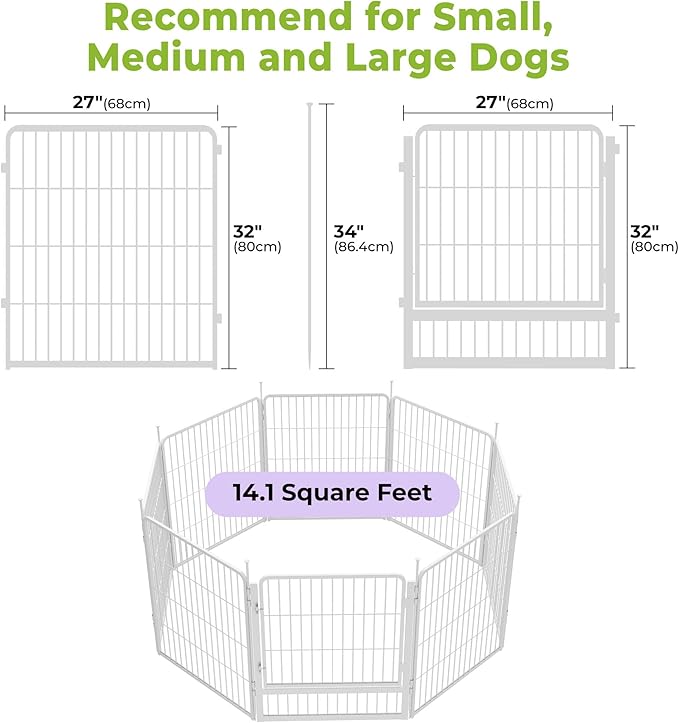 SunsGrove Dog Play Pen Indoors, 32 Inch 8 Panels Dog Playpen for Small and Medium Dogs, Easy Setup Anti-Rust Pet Fence, White