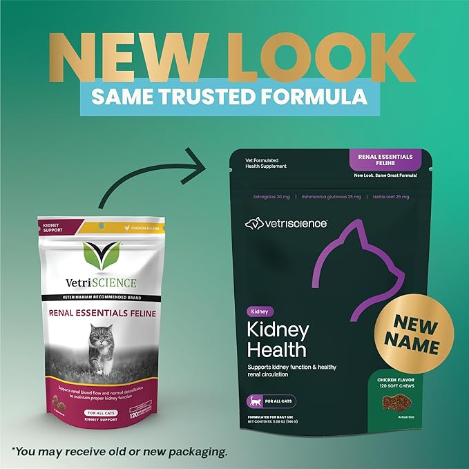 VetriScience Kidney Health Chews, Renal Essentials Supplement for Cats, Kidney Care and Support with Mushroom, Astragalus Root, Nettle Seed and Herbs, Chicken, 120 Count