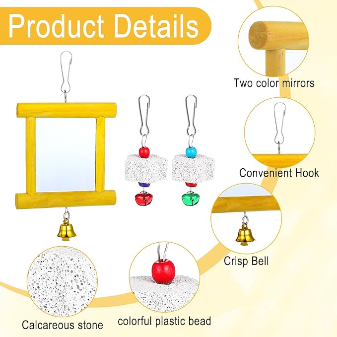 Chicken Toys - 1pc Hanging Bell Parrot Chicken Swing Mirror + 2pcs Beak Grinding Stones for Enrichment, Perfect for Coop, Birds, Parrots, Hens, Roosters, and More