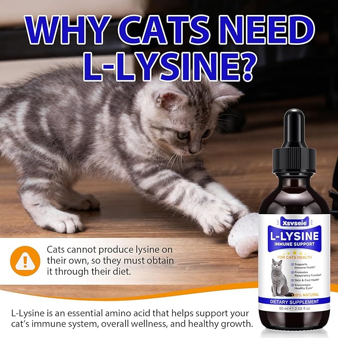 Lysine for Cats, L-Lysine Supplement Liquid Drops for Cats Supports Immune & Respiratory Health,Helps with Sneezing, Eye Discharge and Watery Eyes
