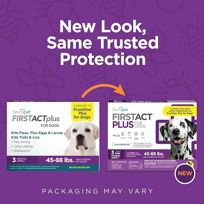 TevraPet FirstAct Plus Flea and Tick Topical for Dogs 45-88 Pounds, 3 Applicators