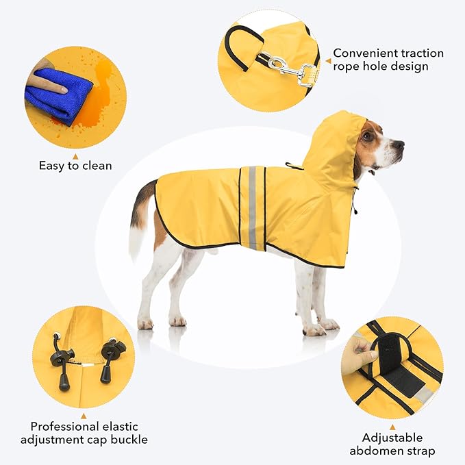 Raincoat Dogs - Waterproof Adjustable Pet Rain Coat Jacket, Lightweight Dog Hooded Rain Slicker Poncho with Reflective Strip for Small Puppies (Yellow, Small)